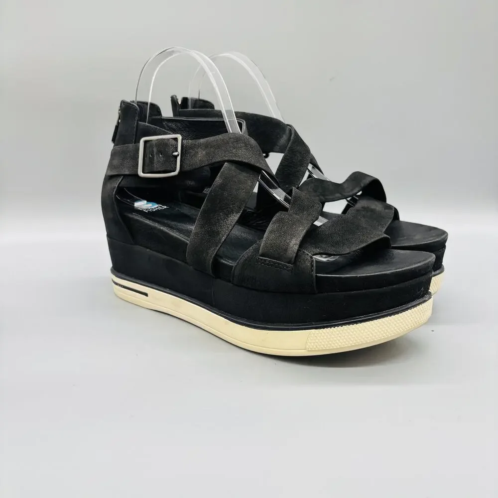 Eileen Fisher Sandals Womens 10 Black Leather Strappy Platform Wedge Zip Shoes